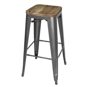 Réduction Tabouret bistro haut en acier gris avec assise en bois lot de 4 | Bolero - GM639