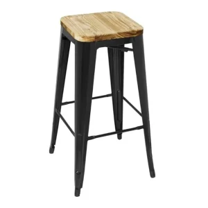 Exclusif Tabouret bistro haut en acier noir avec assise en bois lot de 4 | Bolero - GM640