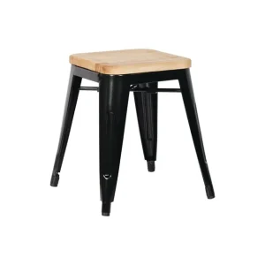 Tabourets bistro bas en acier noir avec assise en bois (lot de 4) | Bolero - GM635 Soldes