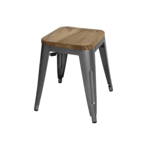 Tabourets bistro bas en acier gris métal avec assise en bois (lot de 4) | Bolero - GM636 Prix Cassé