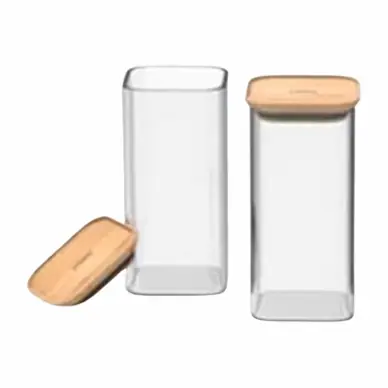 Boite Hermétique Pebbly Square avec Couvercle en Bambou 320 ml Transparent (Set de 2) Promotion Saisonnière